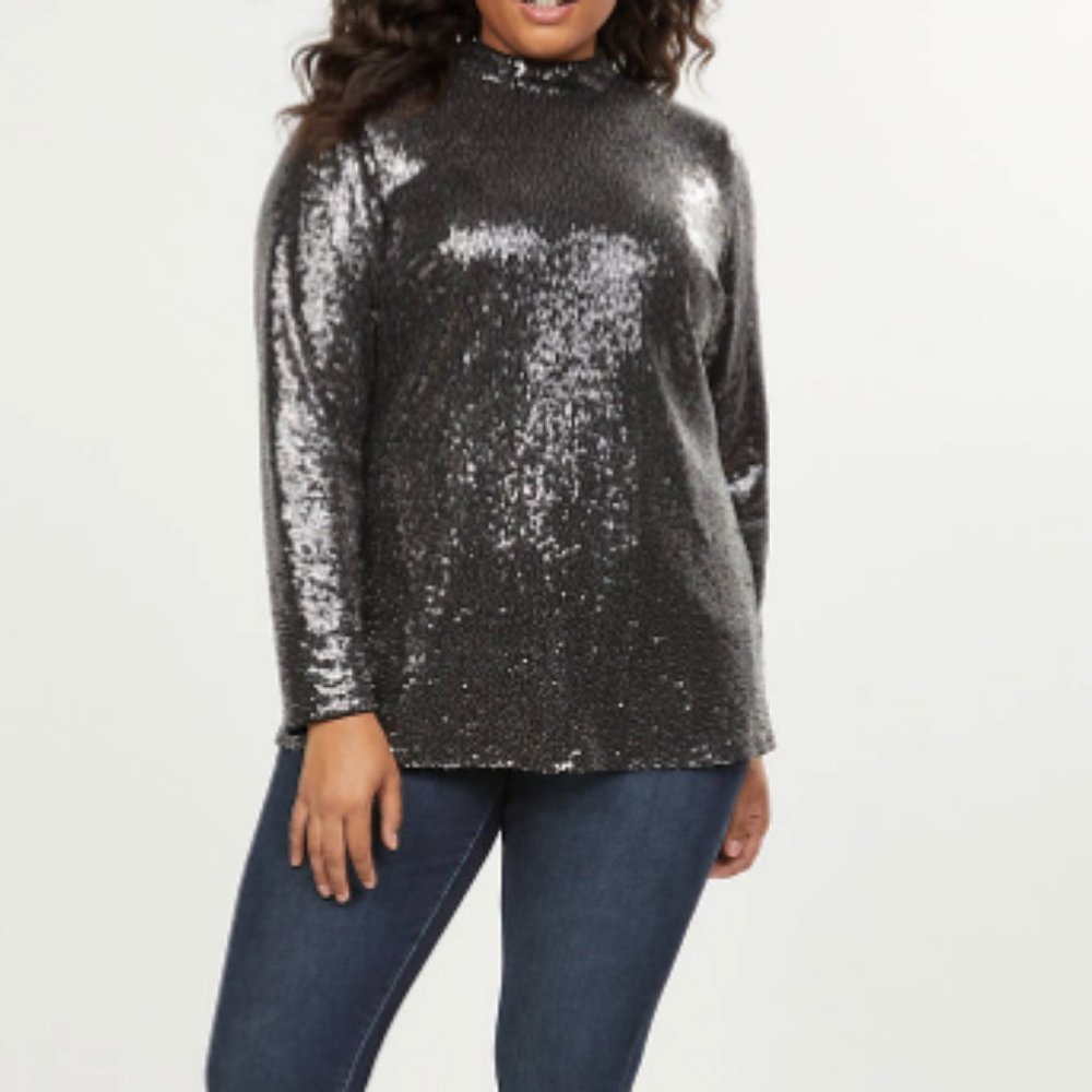 Lane Bryant 26 black sequin mock neck top plus